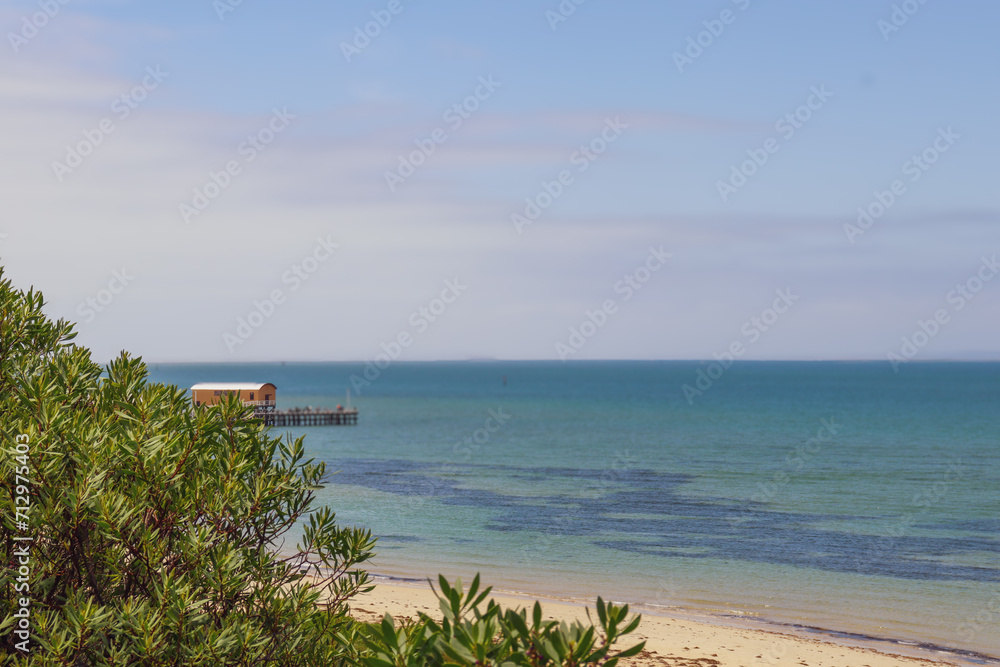 beach landscape with view of sea at regional tourism town of Queenscliff