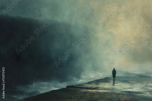 Misty Shore: A Mysterious Painting of a Person in the Fog