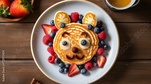 Creative pancake art with fruity cat face