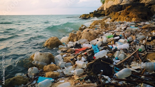 Ocean Dumping Total pollution on a Tropical beach, Plastic plastic debris on the beach and sea or ocean, Environmental pollution. Ecological problem, Generative AI