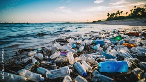 Ocean Dumping Total pollution on a Tropical beach, Plastic plastic debris on the beach and sea or ocean, Environmental pollution. Ecological problem, Generative AI