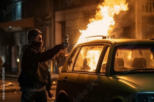 Rioter molotov cocktail police. Mature person with black clothes ignites car. Generate AI