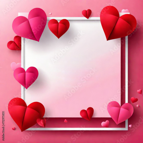 Valentine's day concept background, Pink paper hearts with white square frame, Cute love sale banner or greeting card