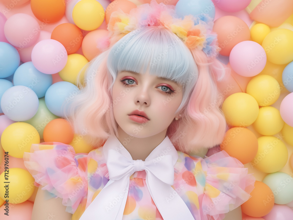 Fototapeta premium Colorful portrait of a girl in the style of cute doll against a backdrop of pastel balls