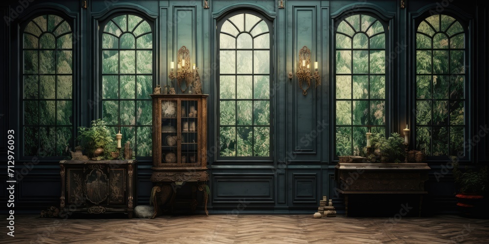 Dark-colored vintage room interior with antique windows and doors.