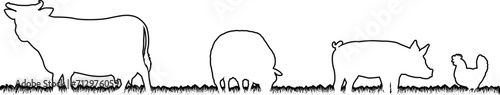 A farm animals scene with silhouettes of cows chicken, sheep and pig in a grass field scene landscape