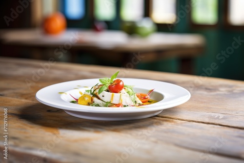 classic caprese salad on a ceramic plate with rustic background