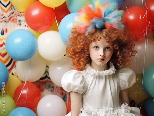 Portrait of a girl styled as a cute doll with colorful balloons