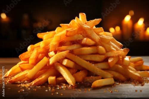 Crispy Golden French Fries Pile  on an isolated Appetizing Amber background  Generative AI