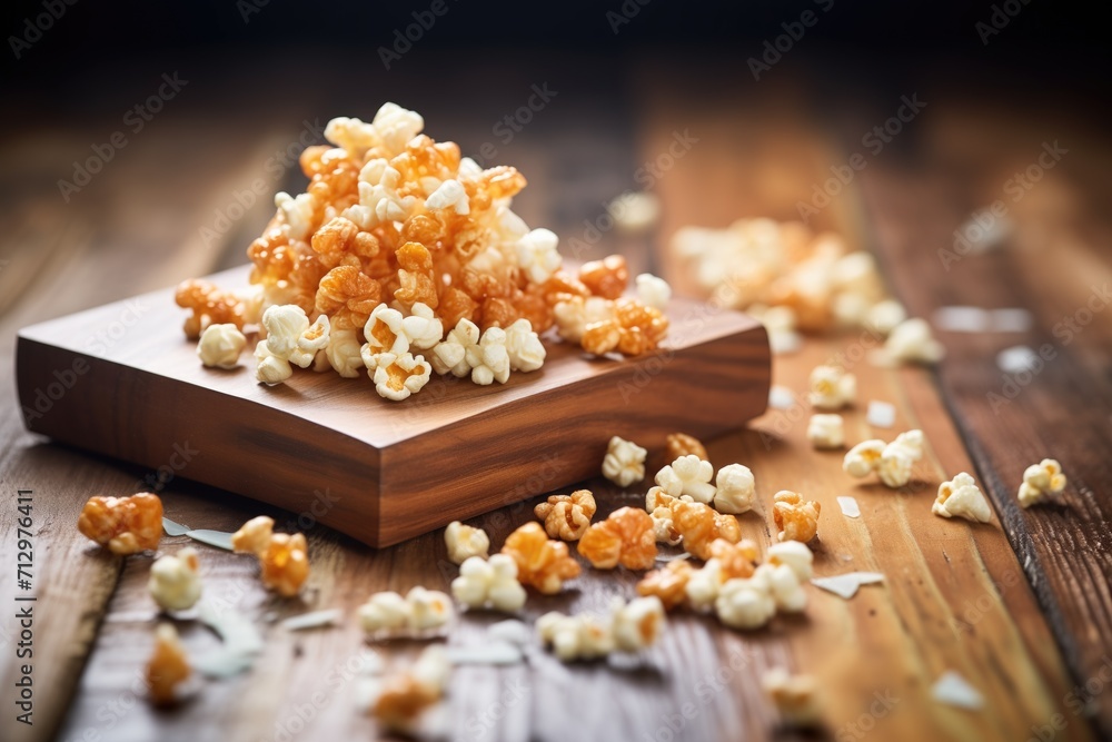 pile of caramel popcorn on a rustic wooden board pile of caramel popcorn on a rustic wooden board