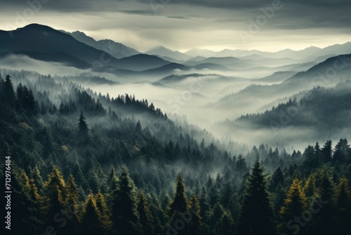 The mystique of a fog-covered fir forest unfolds against a mountain backdrop, creating a captivating and picturesque scene in the heart of nature's embrace.