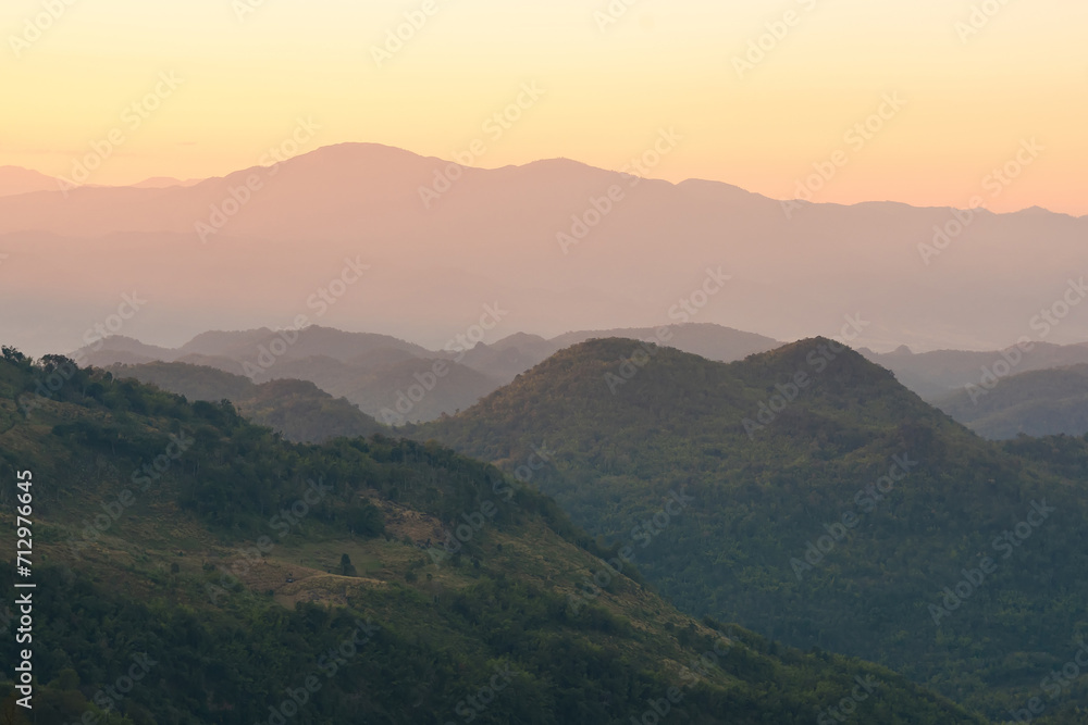 Panoramic Landscape sunset view of the sky and mountains in northern Thailand.