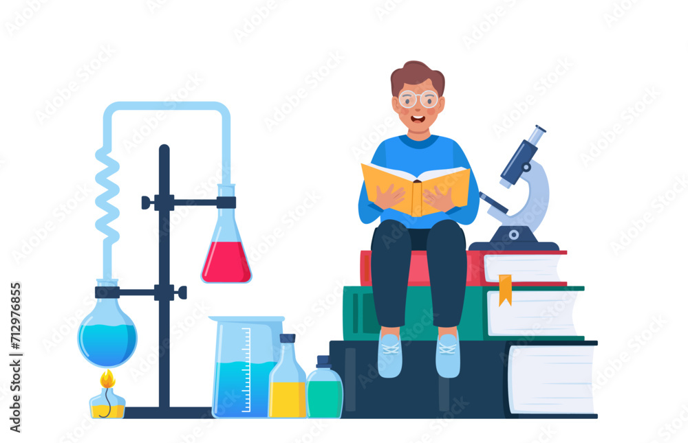Little kid studying chemistry. Chemist's workplace with books and laboratory equipment. Research and exploration. Studies in chemistry. Vector illustration.