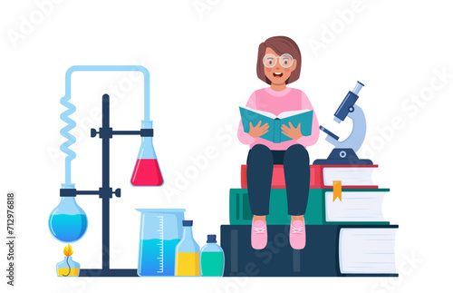 Little kid studying chemistry. Chemist's workplace with books and laboratory equipment. Research and exploration. Studies in chemistry. Vector illustration. © Alena