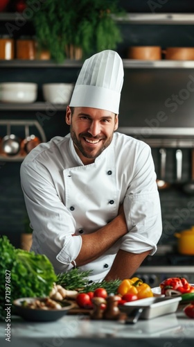 Сook cooking in the kitchen. Cooking classes. Kitchen background . Vertical background 