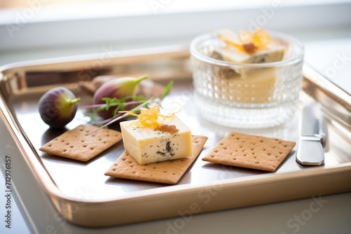 rye crackers, smoked cheese and figs, on a metallic tray