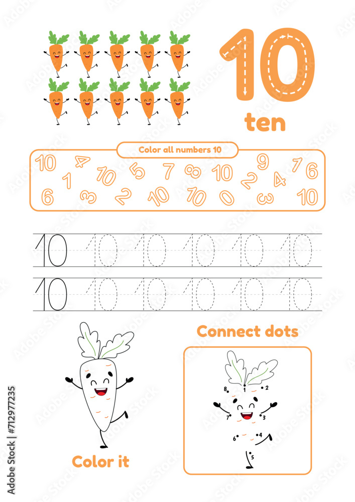 Obraz premium Color page, dot to dot, trace. Learn number 10. Many games on one page for preschool kids.