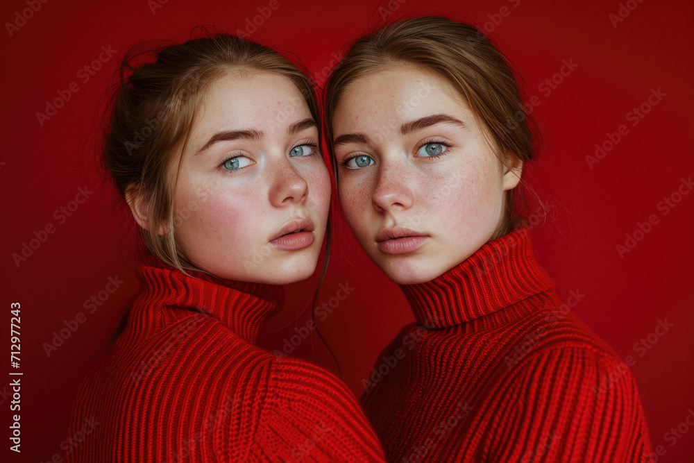 Twin sisters. Twins on red background in red turtlenecks Twin sisters. Twins on red background in red turtlenecks