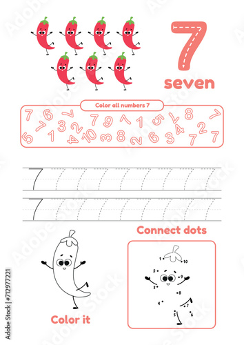 Color page, dot to dot, trace. Learn number 7. Many games on one page for preschool kids.