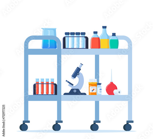 Medical trolley with medical flask, jars, test tubes, pills. Medical equipment. Vector illustration.