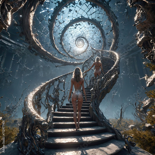 Hypnotic Psychedelic Journey - Woman and Creatures in Infinite Staircases of Surreal Abstract Reality Gen AI photo