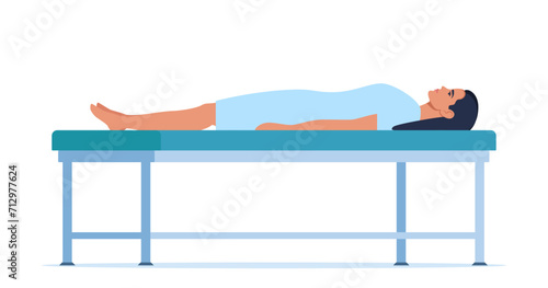 Patient lying on medical gurney. Hospital medical treatment. Patient waiting for doctor's examination. Vector illustration.