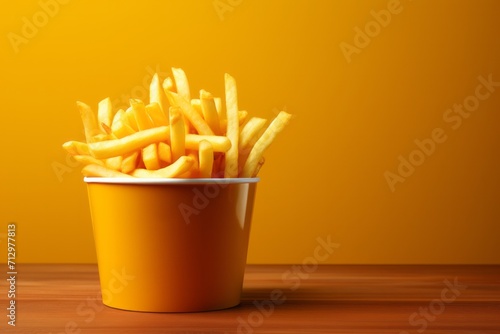 French Fries Container in a Fast Food Setting, on an isolated Fast Food Yellow background, Generative AI
