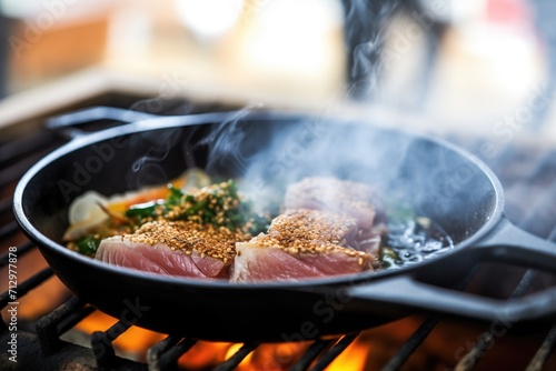 searing tuna steak in stainless steel pan with smoke