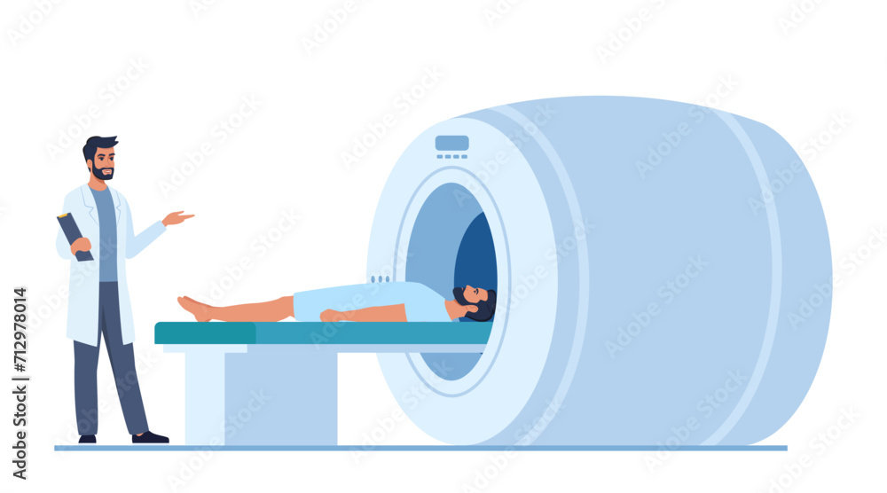 Naklejka premium Patient Lying on MRI scan machine with doctor standing next to him. Magnetic Resonance Imaging. Doctor or nurse prepare for magnetic resonance imaging scan of patient. Vector illustration.