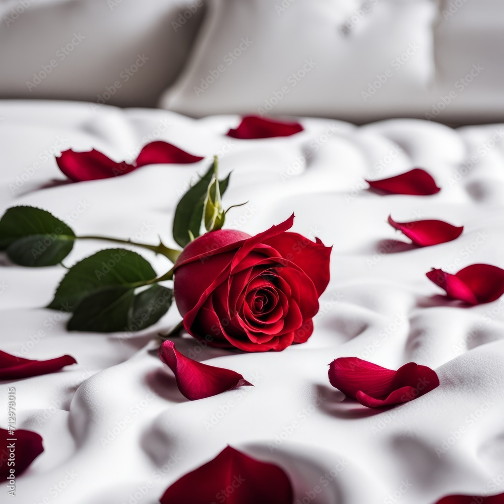 Rose and Petals on white bed in hotel room. Decorative elements for interiors Rose and Petals on white bed in hotel room. Decorative elements for interiors