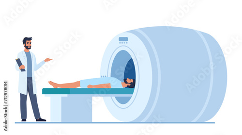 Patient Lying on MRI scan machine with doctor standing next to him. Magnetic Resonance Imaging. Doctor or nurse prepare for magnetic resonance imaging scan of patient. Vector illustration. photo