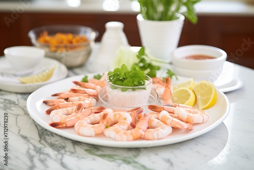 shrimp cocktail platter with dipping sauce and parsley