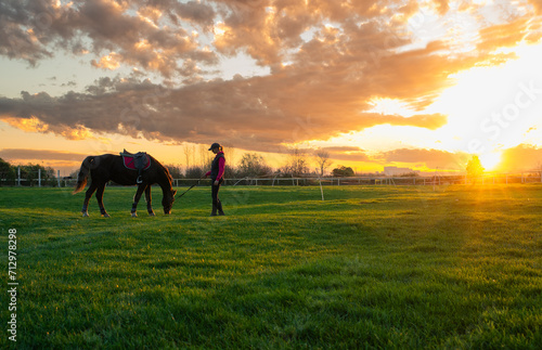 Fototapeta Naklejka Na Ścianę i Meble -  Woman and her horse on a sunset
