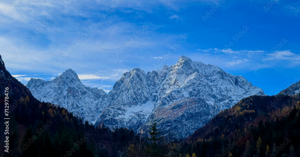 The banner mountain view of alpine as snow-capped mount peaks scene  in Winter mountains background