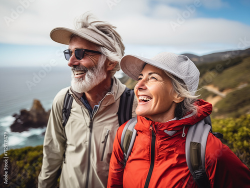 Senior couple enjoying ocean view on coastal hike