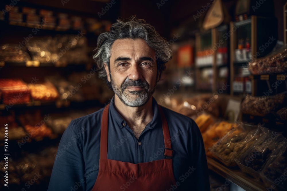 Small shop owner standing portrait. Bearded mature male in own grocery store. Generate ai