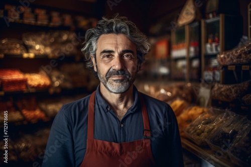 Small shop owner standing portrait. Bearded mature male in own grocery store. Generate ai
