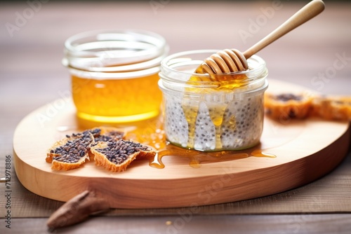 chia pudding with fig slices and honeycomb on wooden board