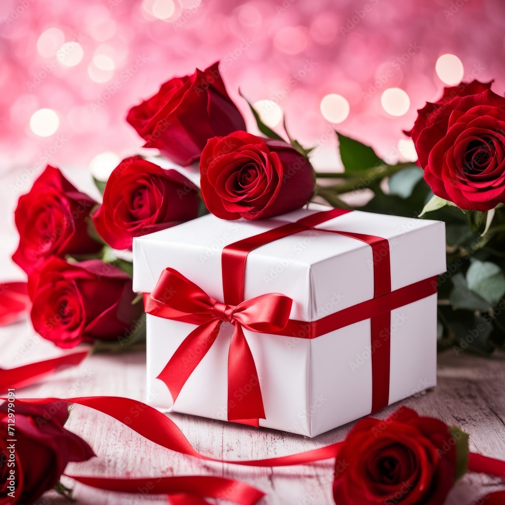 A white gift box with a red bow is framed by red roses and bokeh. Happy Valentine's Day, Mother's Day, 8 March, and Women's Day A white gift box with a red bow is framed by red roses and bokeh. Happy Valentine's Day, Mother's Day, 8 March, and Women's Day