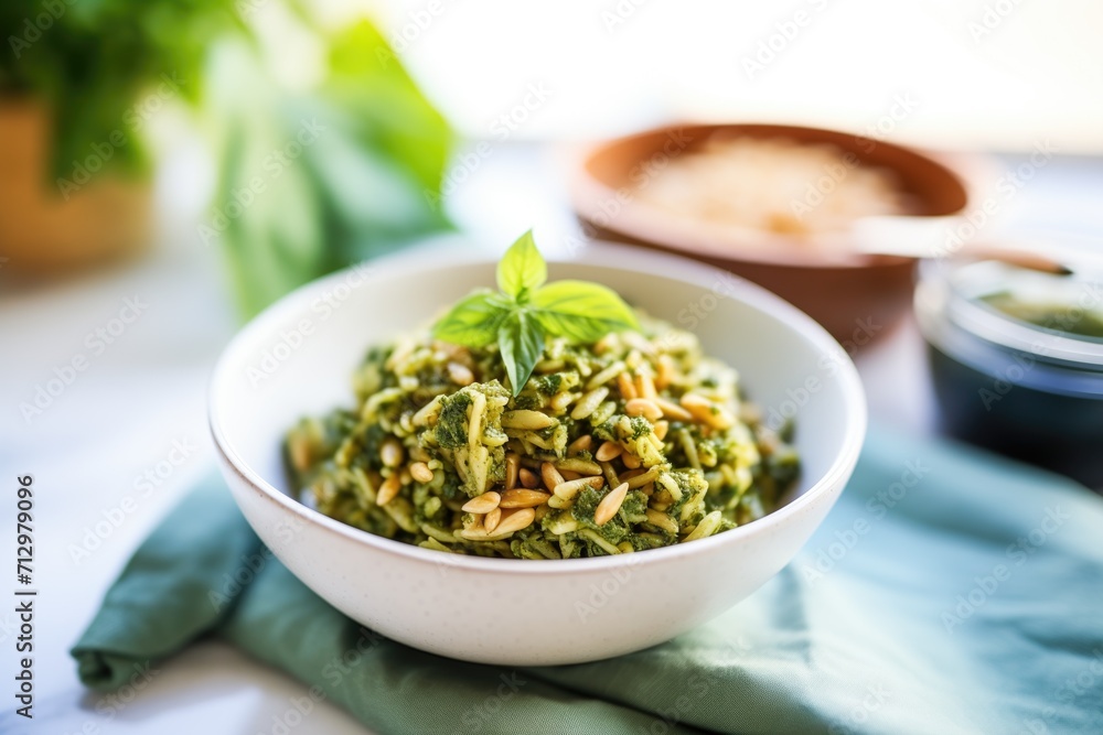bowl of spelt pasta with green pesto, basil leaves, and pine nuts on top