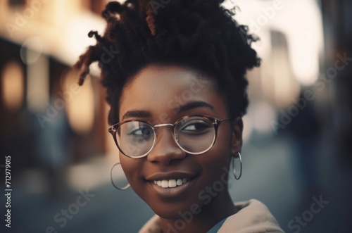 Smiling African American woman with glasses. Positive afro lady portrait outside. Generate ai