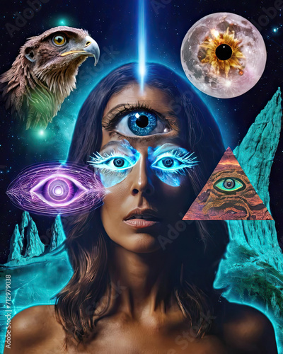 Hypnotic Self-Discovery - Surreal Woman with Third Eye in Psychedelic Journey Gen AI photo