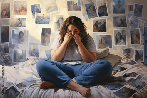 Despondent obese woman sitting on the edge of a bed, holding her head in her hands, with blurred family photos on the wall