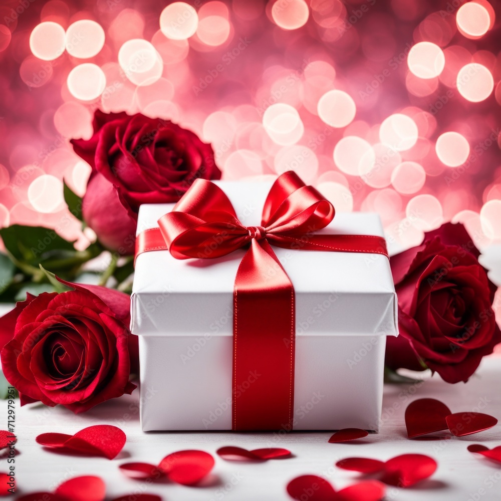 A white gift box with a red bow is framed by red roses and bokeh. Happy Valentine's Day, Mother's Day, 8 March, and Women's Day A white gift box with a red bow is framed by red roses and bokeh. Happy Valentine's Day, Mother's Day, 8 March, and Women's Day