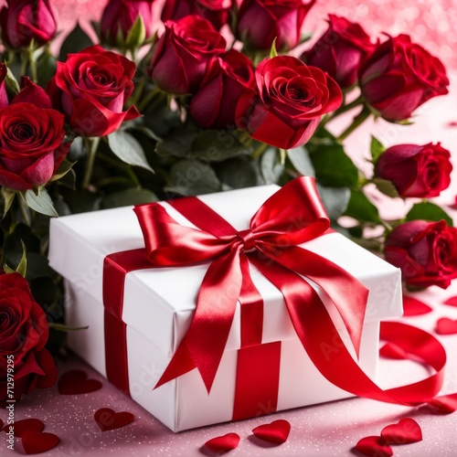 A white gift box with a red bow is framed by red roses and bokeh. Happy Valentine s Day  Mother s Day  8 March  and Women s Day