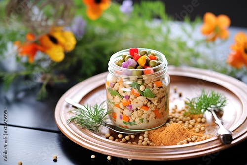 chickpea salad with spices, shot with spice jars in view