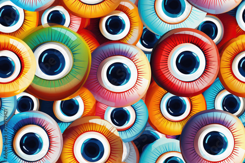 
Illustration of a pattern of realistic human eyes in various colors, digital art style photo
