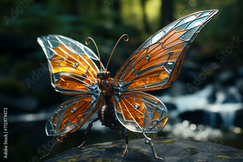 A scene showing a biobot with wings resembling a butterfly, adorned with solar-absorbing panels. photo
