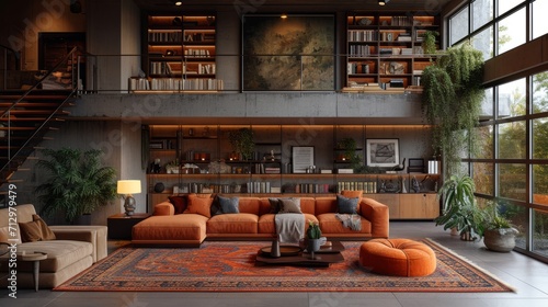 Living room with orange sofa and coffee table. Generative Ai. 