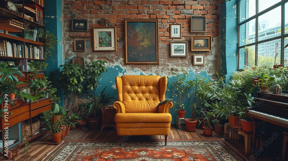Fototapeta premium Vintage interior of living room with yellow armchair, bookshelves and plants. Generative Ai.